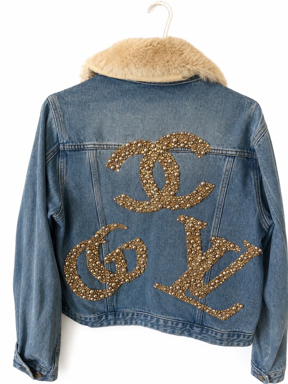 Custom Beaded Blue Denim Jacket with GG, LV and CC Beading.  Collar Detachable